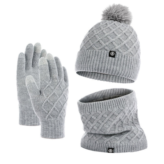 Autumn And Winter Hat Scarf Gloves Knitted Hat Amazon Outdoor Fleece-lined Warm Fur Ball Thickened Woolen Cap Three-piece Set - Urban Caps