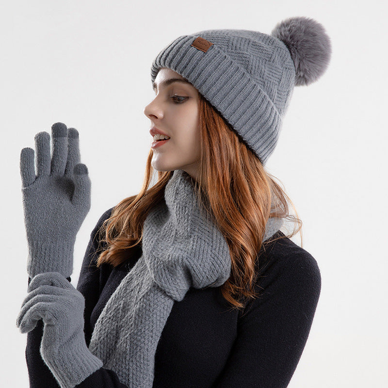 Knitted Woolen Cap Women's Warm Hat Scarf Gloves Three-piece Set - Urban Caps