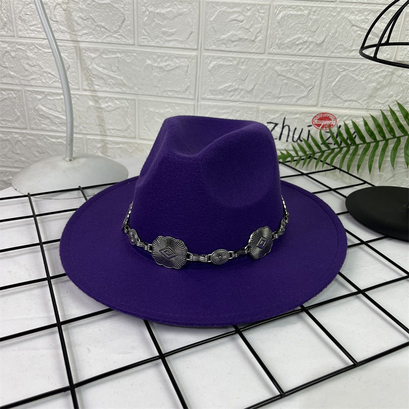 Hat Silver Square Chain Top Hat Wide Brim Flat Edge Woolen Fedora Hat - Urban Caps
