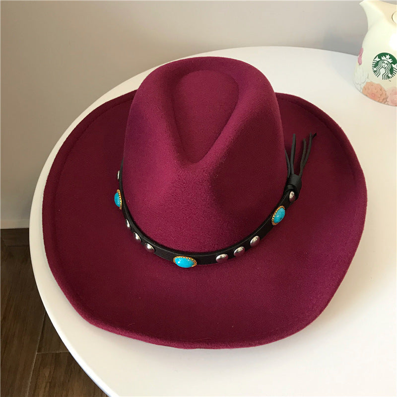 European And American Style Western Big Cowboy Hat With Rivet Woolen Cloth - Urban Caps