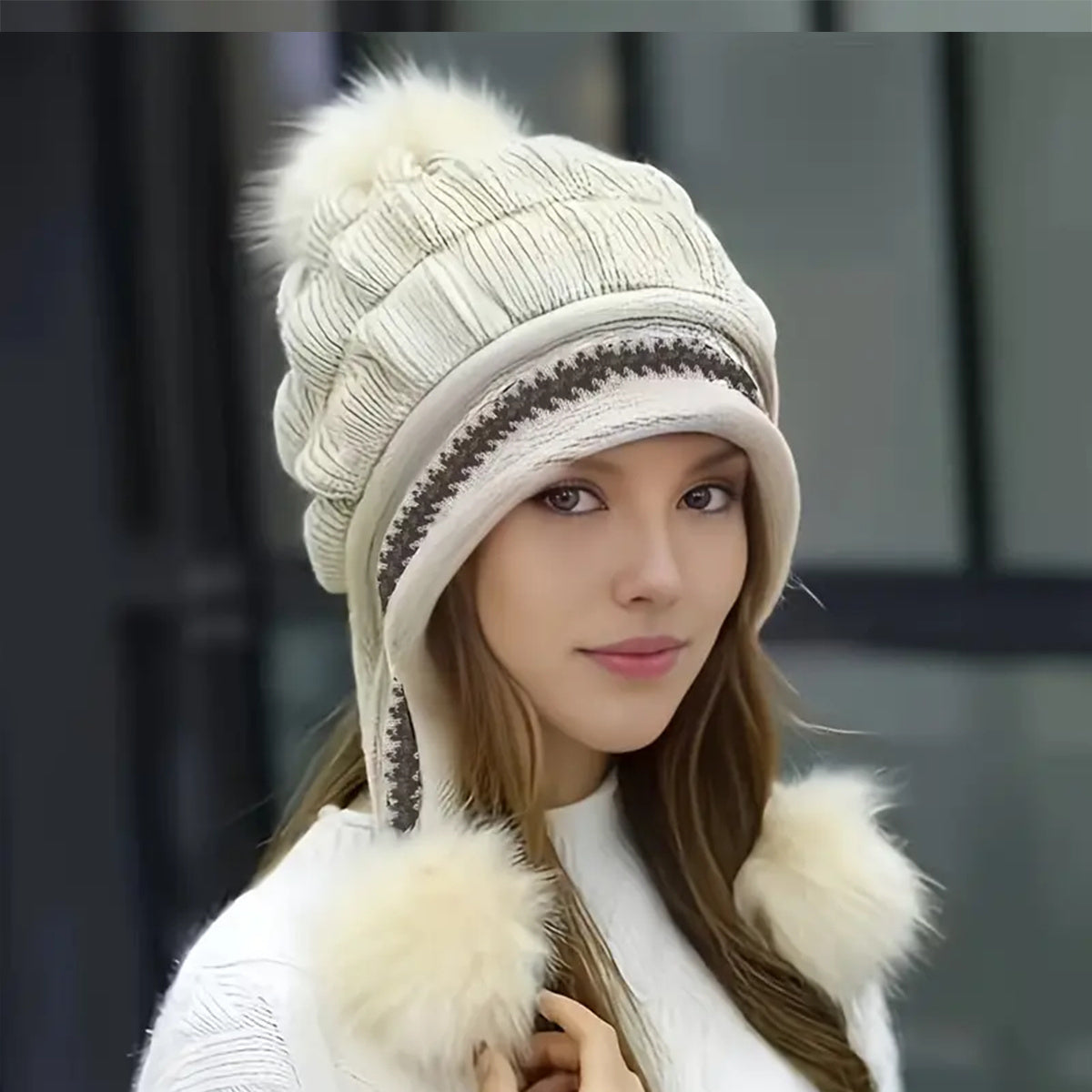 Cozy Fleece-Lined Knit Beanie with Ear Flaps & Pompom – Winter Hat for Women (Warm, Stylish, Multiple Colors)