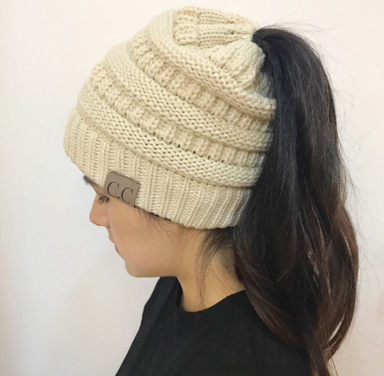 Cable Knit Fuzzy Lined High Bun Beanie - Urban Caps