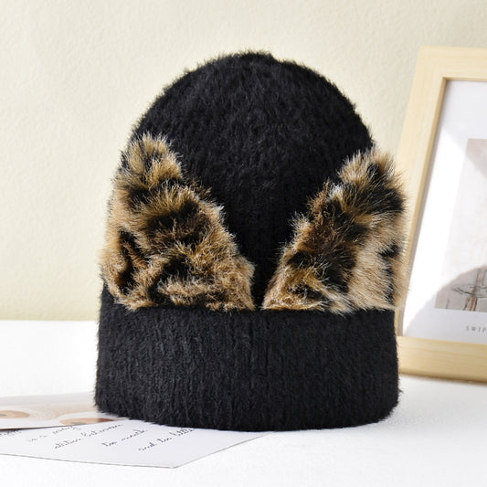 New Leopard Print Cat Ear Stretch Knitted Woolen Hat - Urban Caps