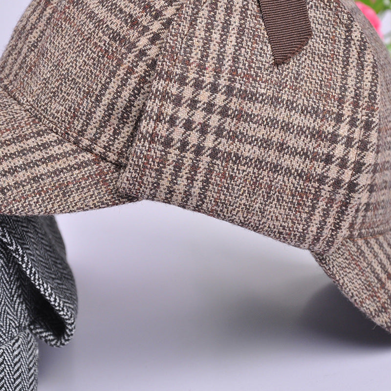 Vintage Plaid Double Brim Baseball Caps for Men and Women Autumn and Winter Ear Protection Double Brim Sunshade
