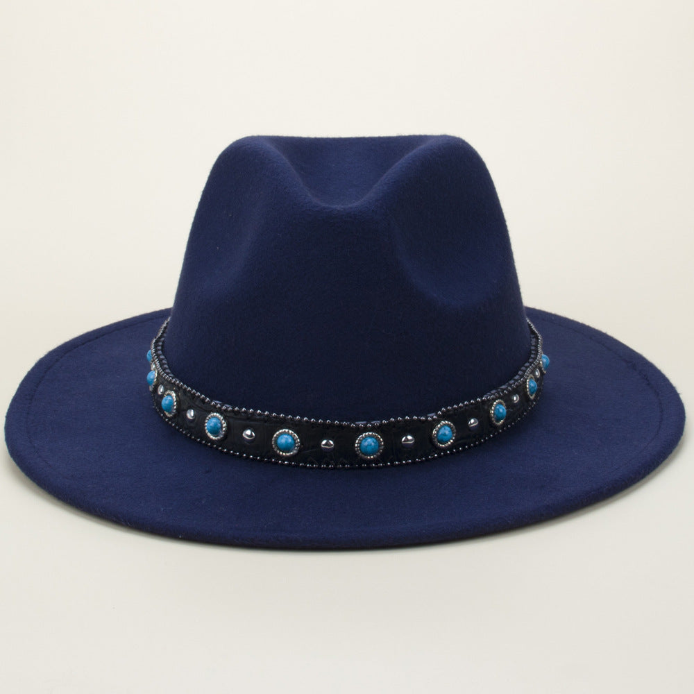 Bohemian Style Woven Leather Belt Denim Fur Felt Hat - Urban Caps
