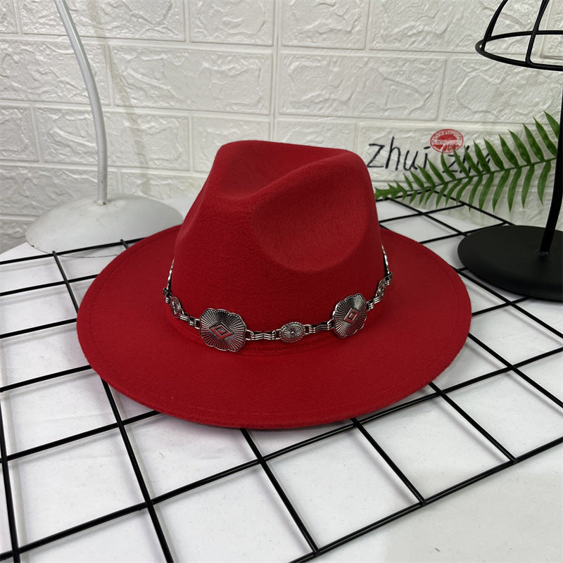 Hat Silver Square Chain Top Hat Wide Brim Flat Edge Woolen Fedora Hat - Urban Caps