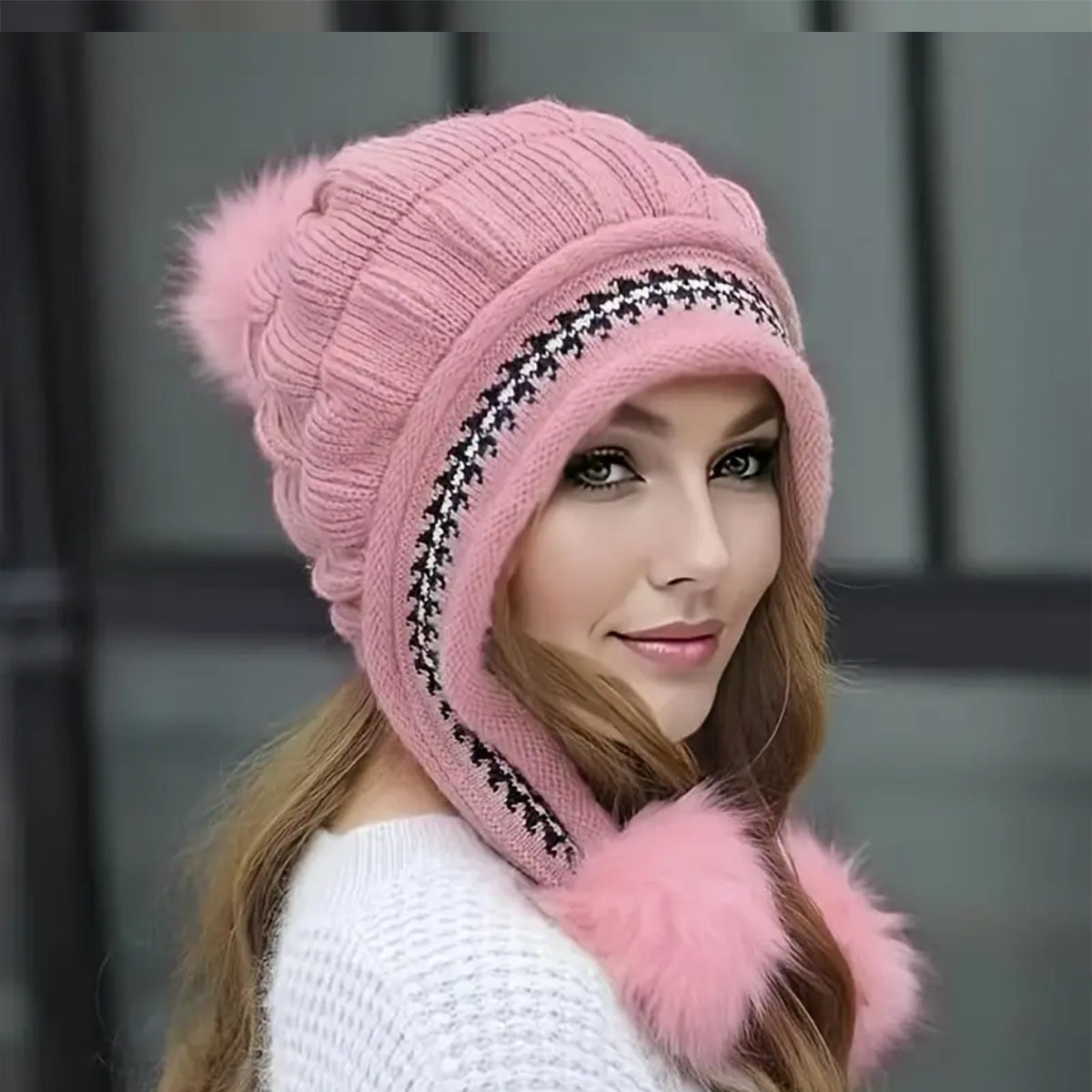 Cozy Fleece-Lined Knit Beanie with Ear Flaps & Pompom – Winter Hat for Women (Warm, Stylish, Multiple Colors)