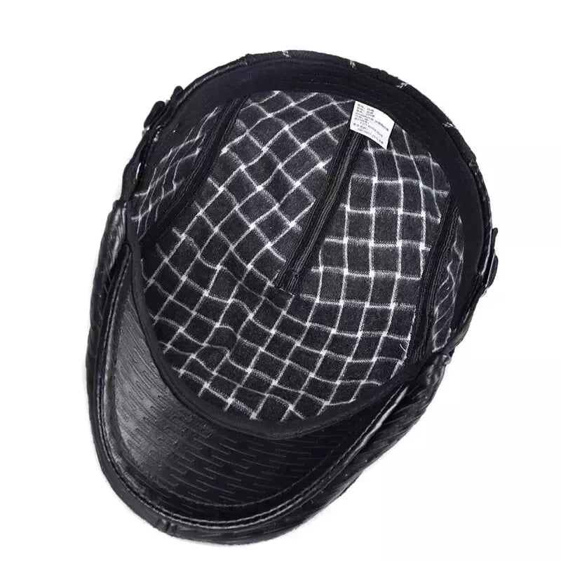Berlin Striped Black Flat Cap - Leather