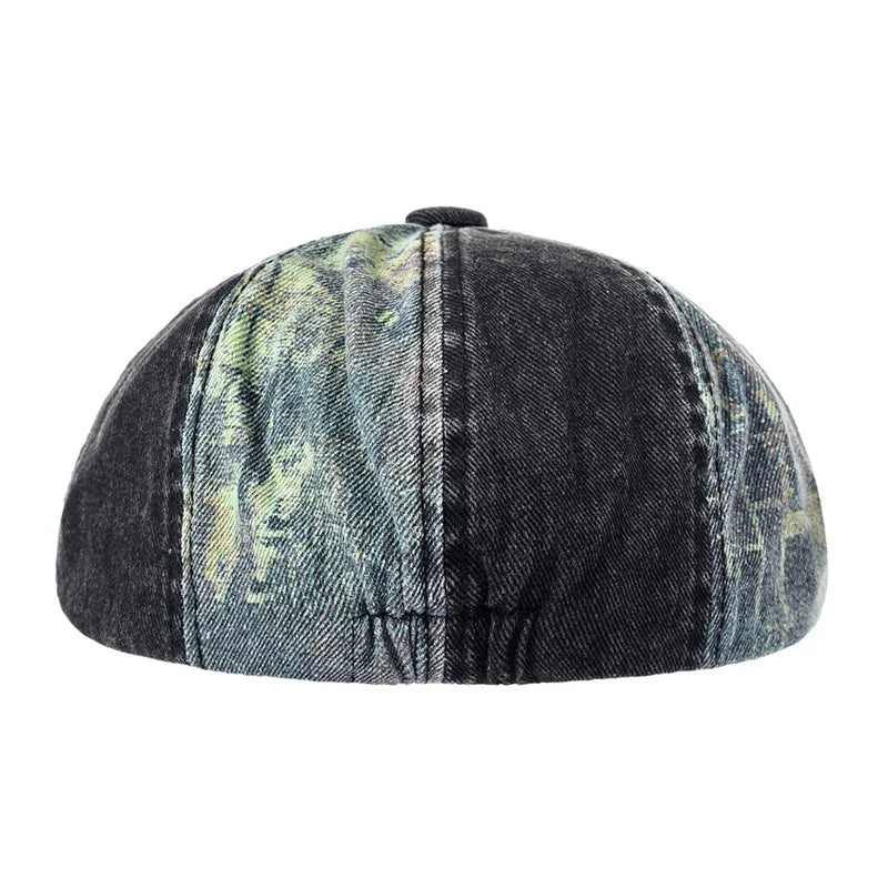 Bicolor Patchwork Denim Newsboy Cap - Two Tone Patchwork Denim With Newsboy Silhouette