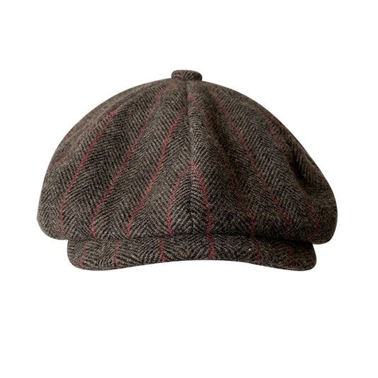 Brown Herringbone And Striped Wool Newsboy Cap - Timeless Wool Cap With Subtle Red Stripes