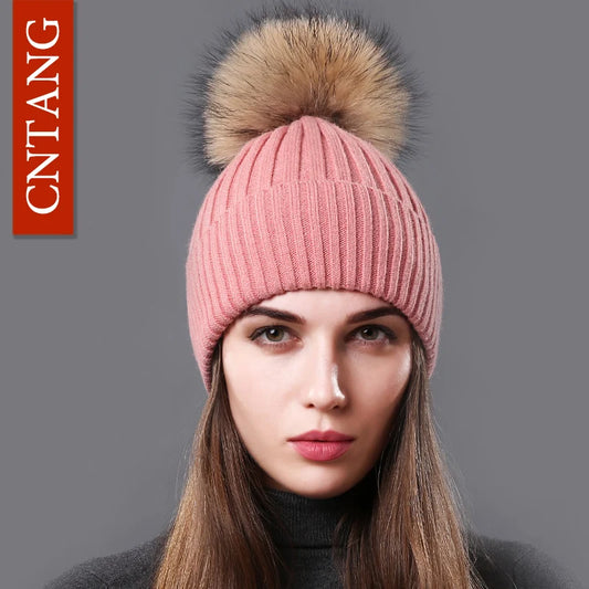 The Megeve | Classic Raccoon Fur Pompom Knitted Beanie | Urban Caps NZ
