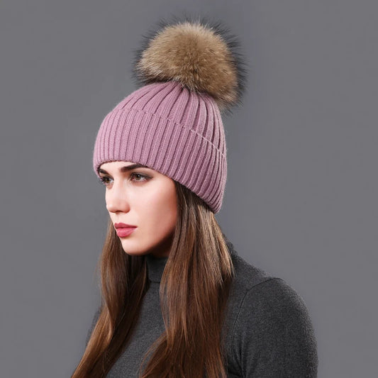 The Aspen | Raccoon Fur Pompom Casual Knitted Beanie | Urban Caps NZ