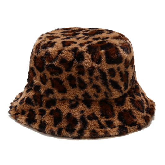 Leopard Print Fur Bucket Hat – Soft Fleece Adjustable Statement Hat