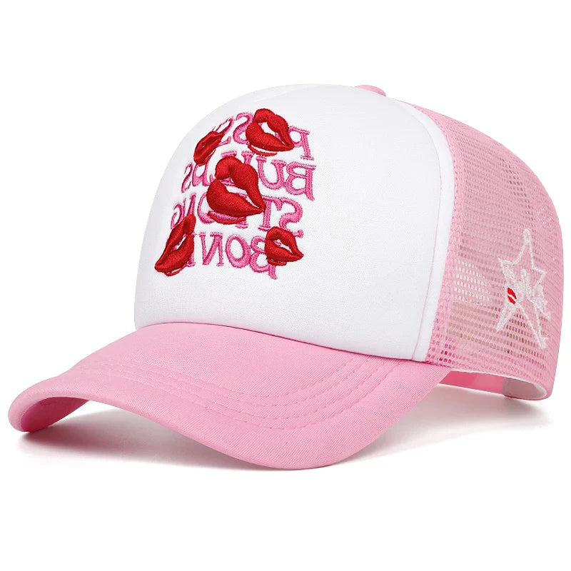 Lipstick Star Cotton Trucker Cap - Embroidered Lipstick Star Details On A Cotton Trucker