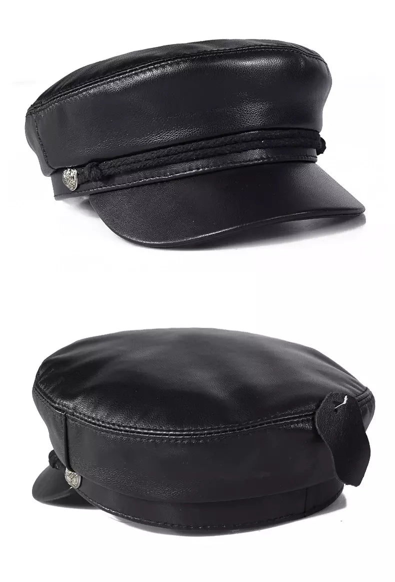 Montpellier Black Genuine Leather Sailor Cap - Nautical Leather Cap in Classic Style