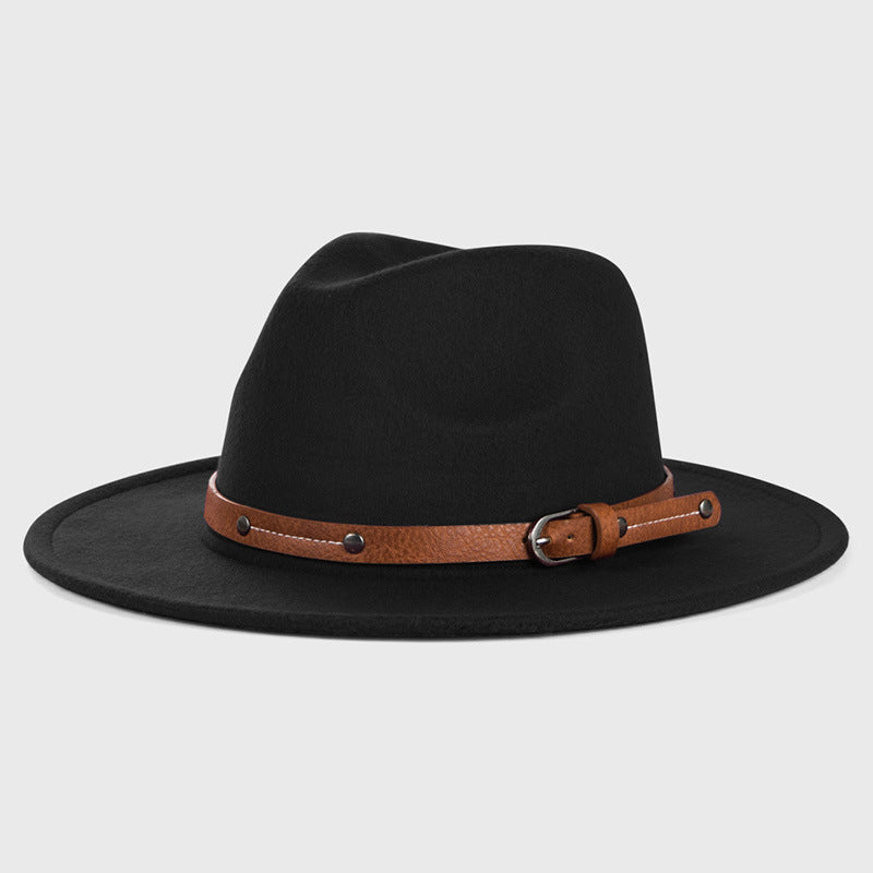 Monochrome Belt Metal Buckle Simple Big Brim Jazz Cowboy Hat - Urban Caps