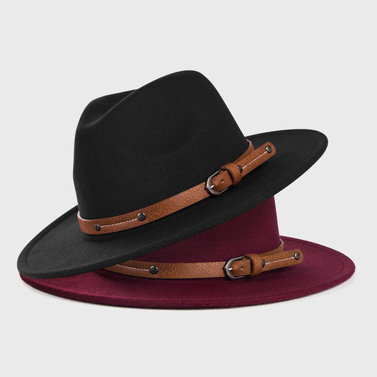 Monochrome Belt Metal Buckle Simple Big Brim Jazz Cowboy Hat - Urban Caps