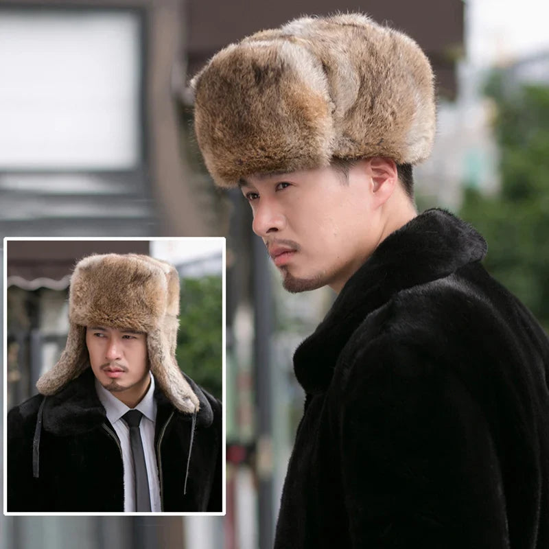 Oblast Russian Winter Rabbit Fur Trapper Bomber Hat - Warm Trapper Hat With Rabbit Fur