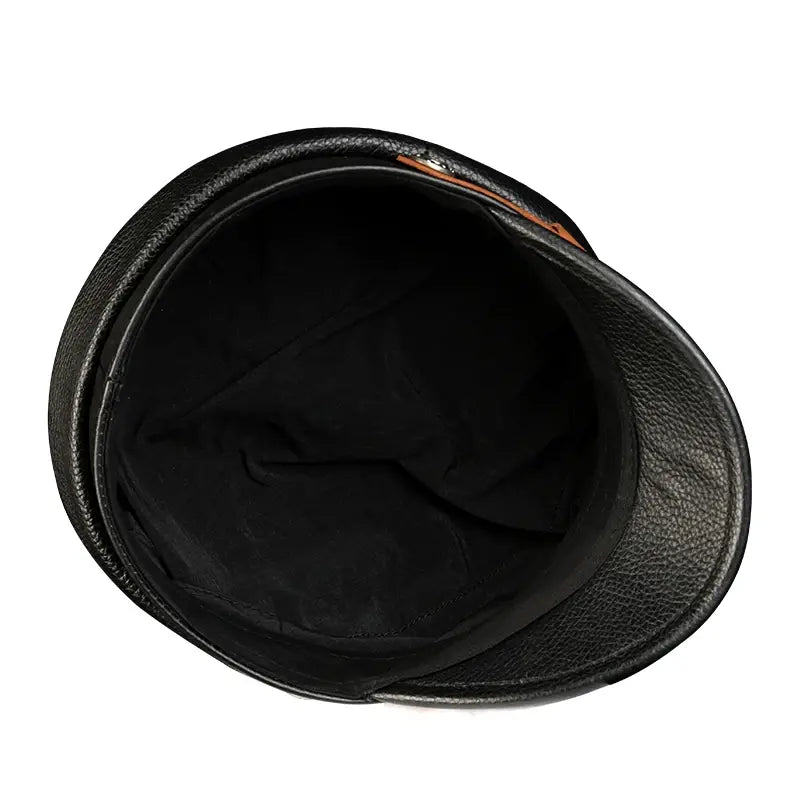 Orson Black Genuine Leather Military Cap - Classic Timeless Black Leather Hat For Men