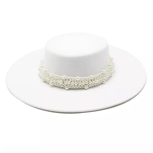 Reims Pearls Belt Boater Hat - Timeless Pearls Belt Boater Hat For Elegant Versatile Style