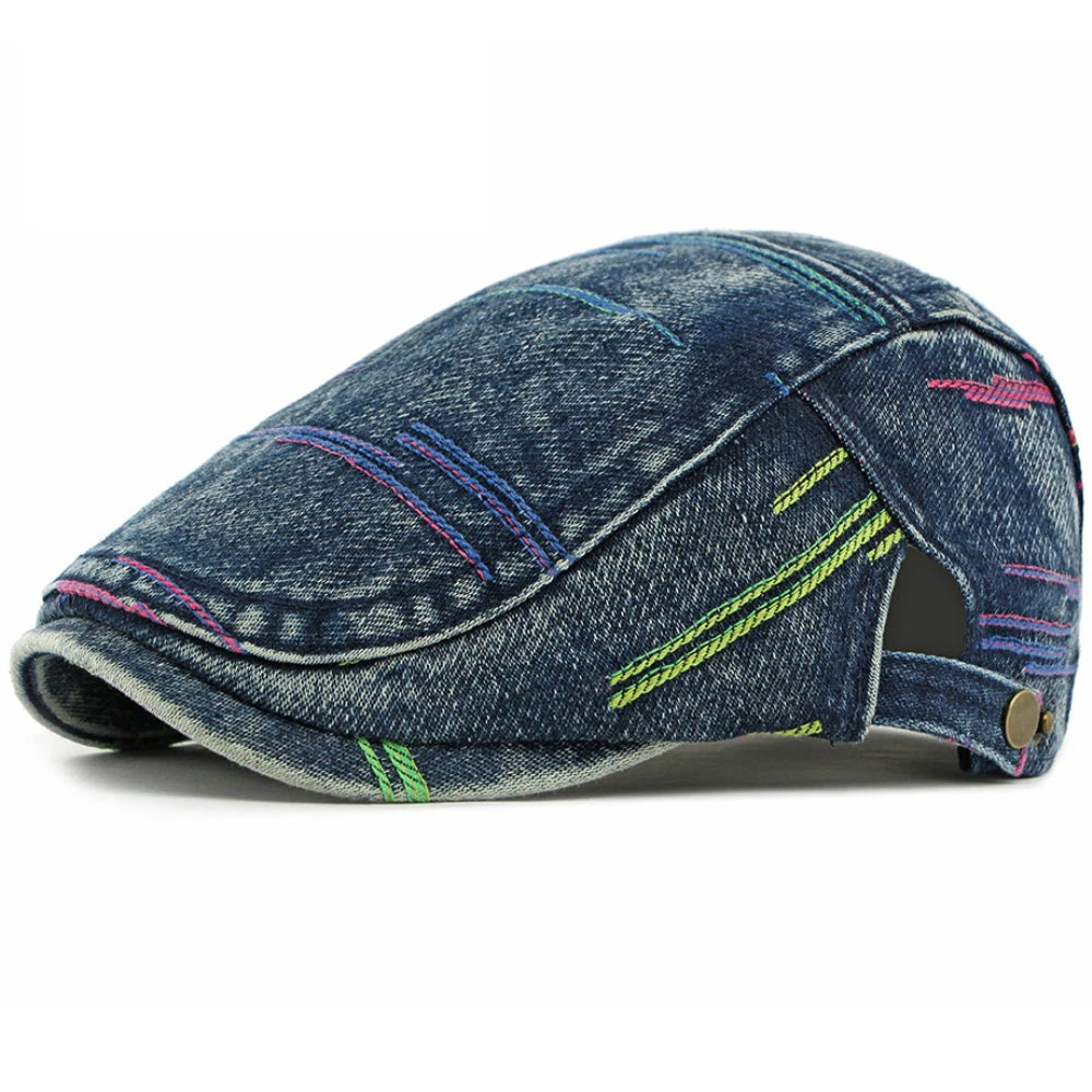 Frome Geometric Denim-Style Beret in Dark Blue