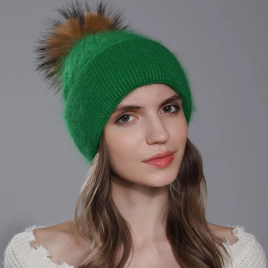 The Banff | Natural Raccoon Fur Pompom Knitted Beanie | Urban Caps NZ
