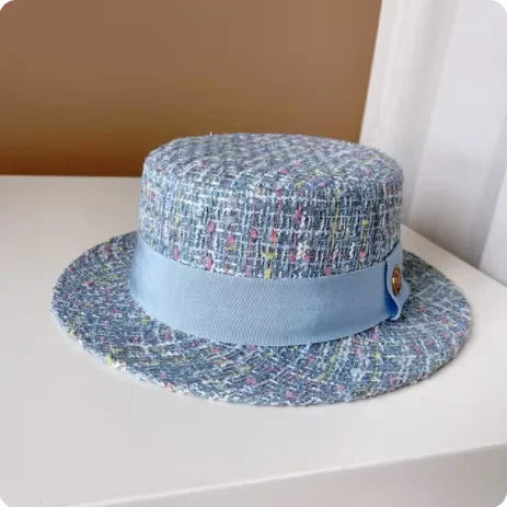 Belgravia Pearl-Trim Tweed Pillbox Hat in Blue