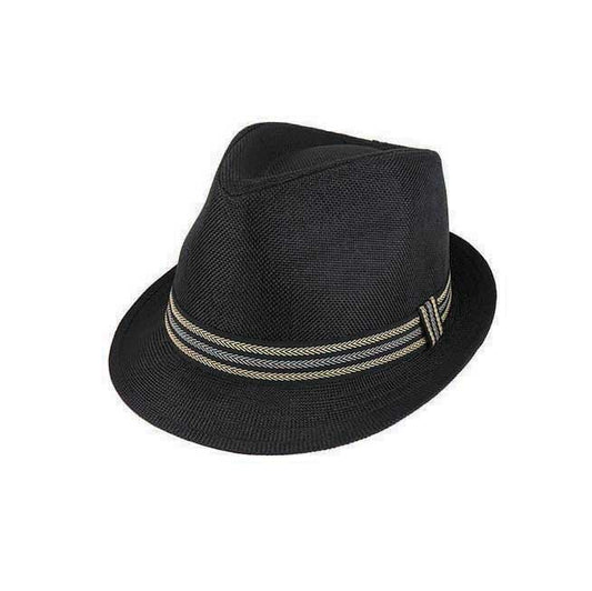 Doug Woven Polyester Trilby Hat with Stripe Ribbon Band