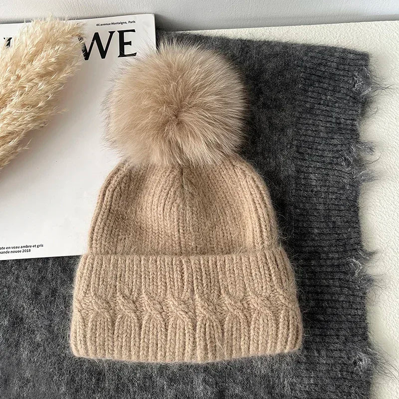 Windermere Fur Pompom Beanie in Khaki
