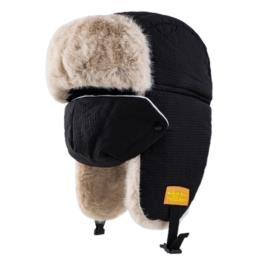Baikal Fluffy Trapper Hat with Face Mask in Black