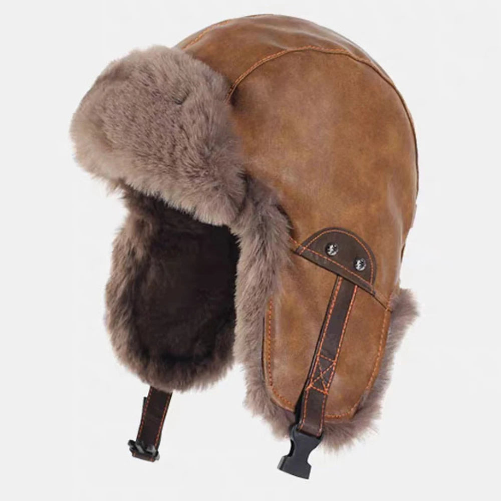Nunivak Waterproof Leather Trapper Hat in Camel