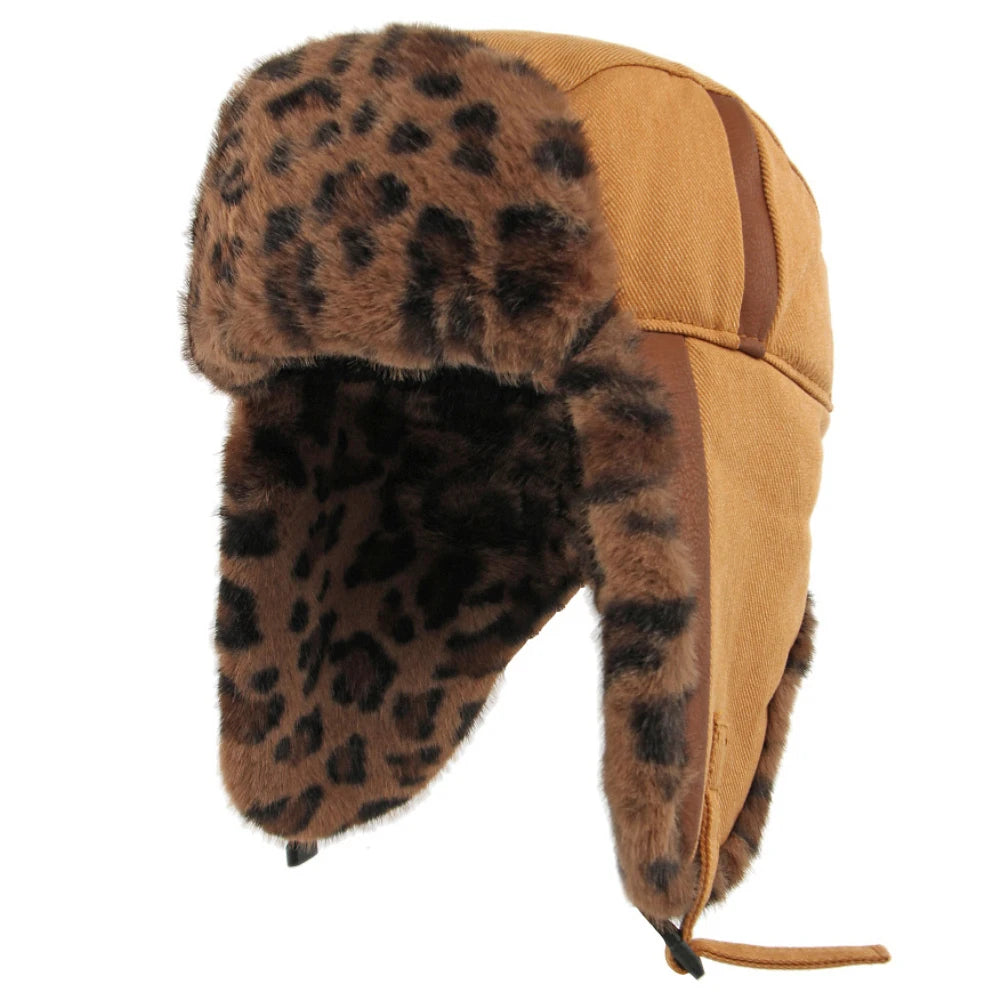 Klondike Leopard-Print Trapper Hat in Dark Khaki