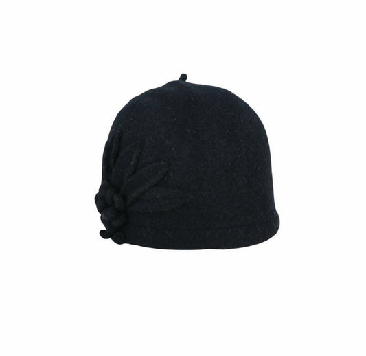 Clara Boiled Wool Pull-On Hat with Flower and Leaf Side Design