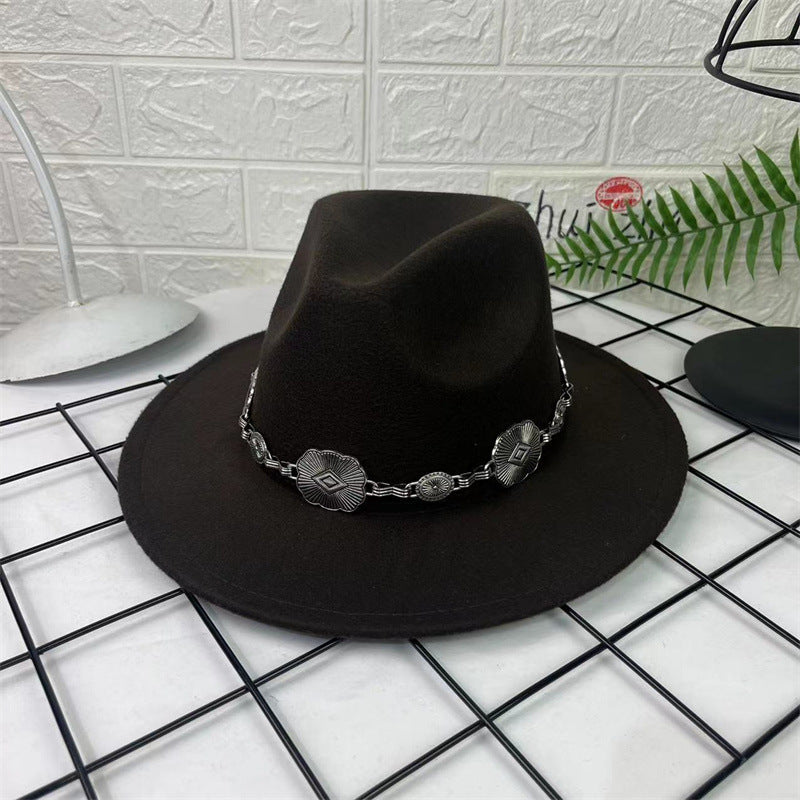Hat Silver Square Chain Top Hat Wide Brim Flat Edge Woolen Fedora Hat - Urban Caps