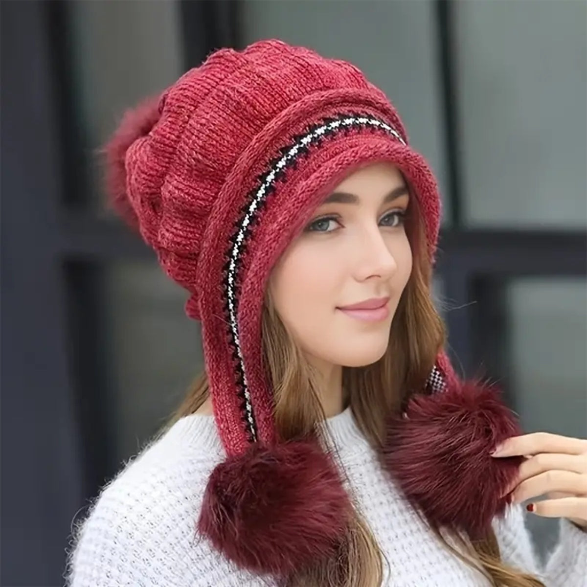 Cozy Fleece-Lined Knit Beanie with Ear Flaps & Pompom – Winter Hat for Women (Warm, Stylish, Multiple Colors)
