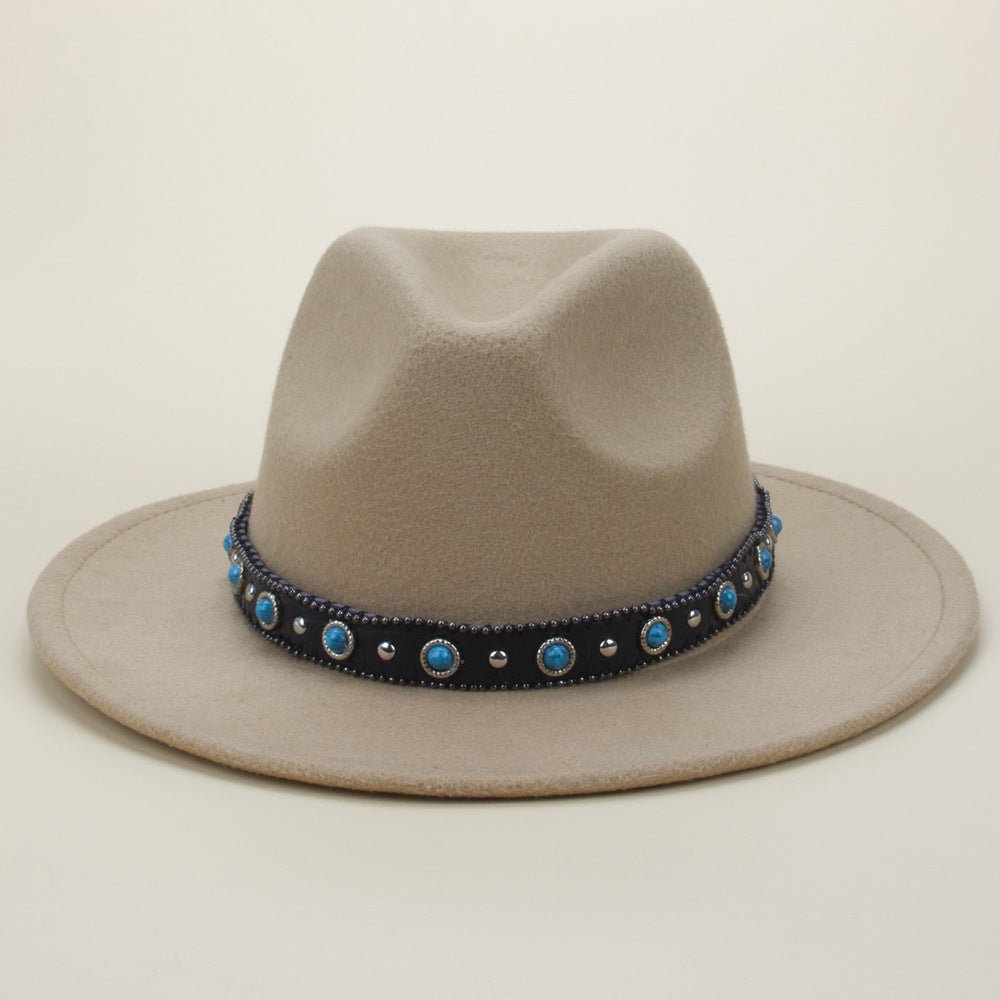 Bohemian Style Woven Leather Belt Denim Fur Felt Hat - Urban Caps