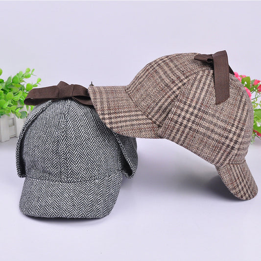 Vintage Plaid Double Brim Baseball Caps for Men and Women Autumn and Winter Ear Protection Double Brim Sunshade