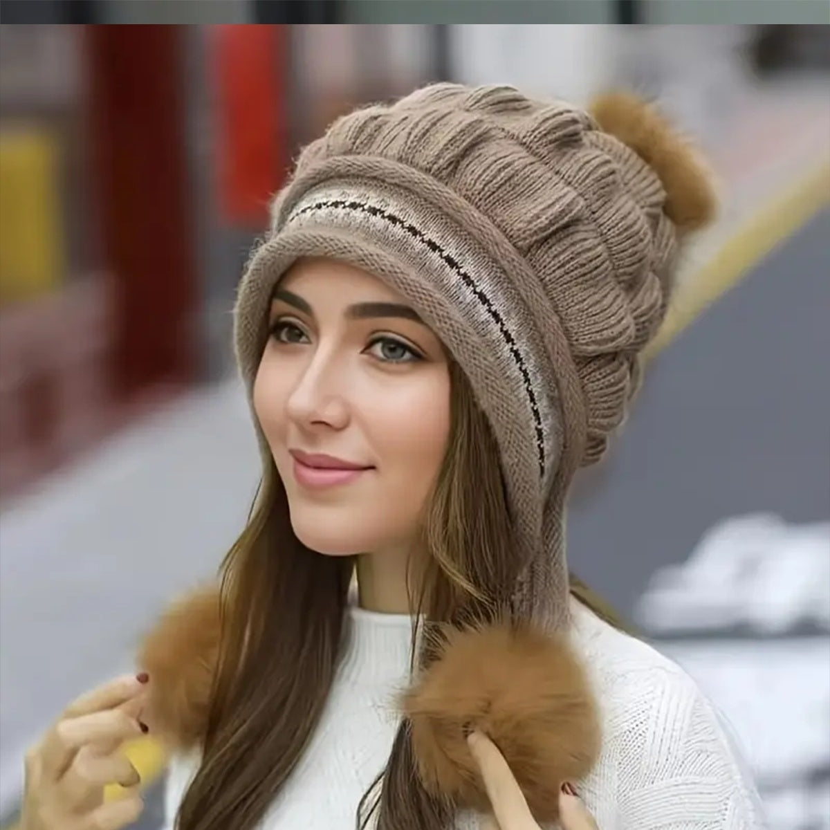 Cozy Fleece-Lined Knit Beanie with Ear Flaps & Pompom – Winter Hat for Women (Warm, Stylish, Multiple Colors)