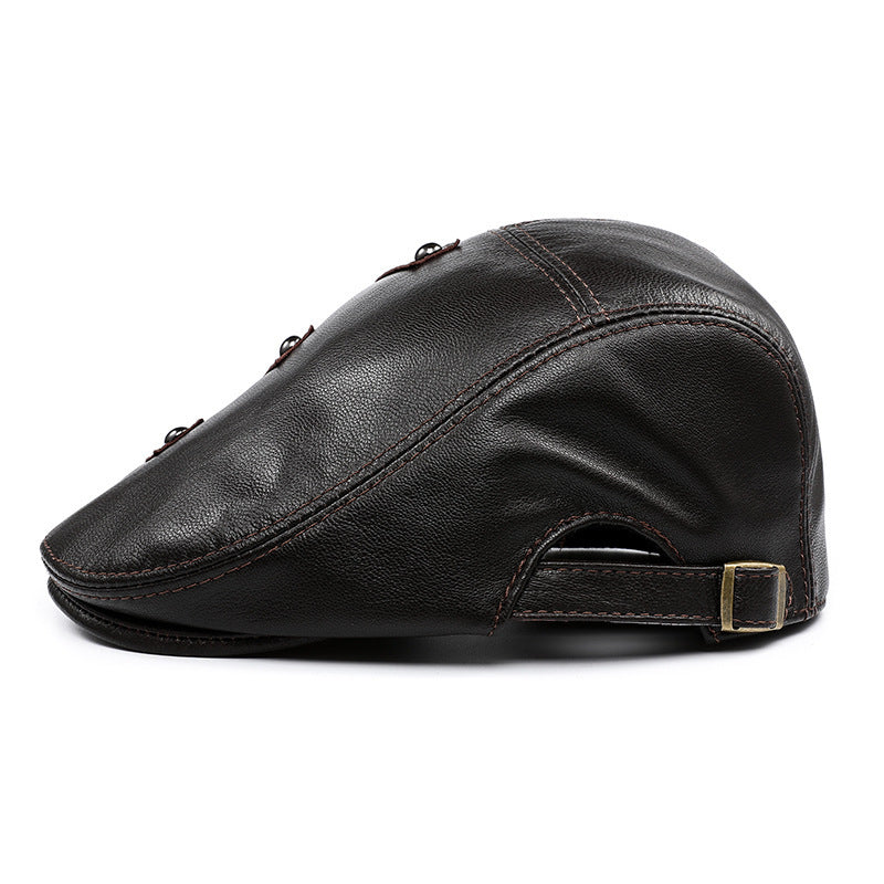 Autumn And Winter Genuine Leather Men's Middle-aged And Elderly Duck Tongue Korean Workers Monochrome Beret - Urban Caps
