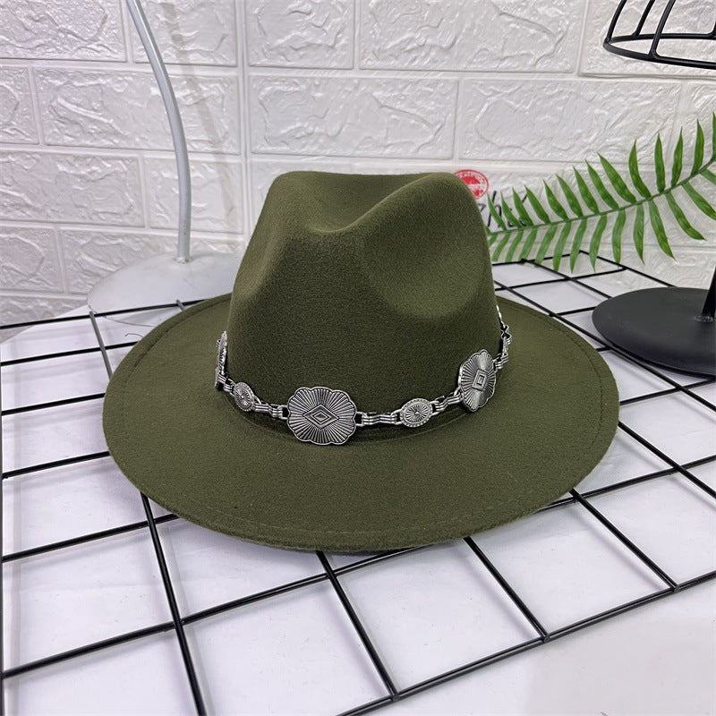 Hat Silver Square Chain Top Hat Wide Brim Flat Edge Woolen Fedora Hat - Urban Caps