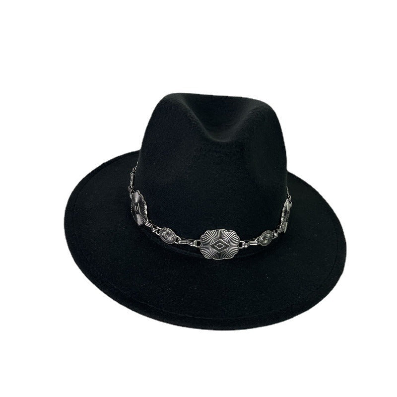 Hat Silver Square Chain Top Hat Wide Brim Flat Edge Woolen Fedora Hat - Urban Caps