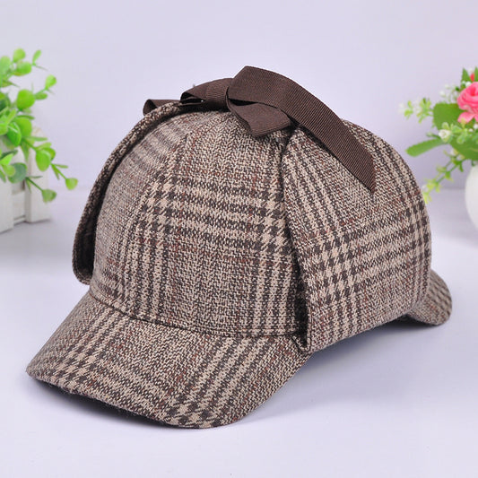 Vintage Plaid Double Brim Baseball Caps for Men and Women Autumn and Winter Ear Protection Double Brim Sunshade