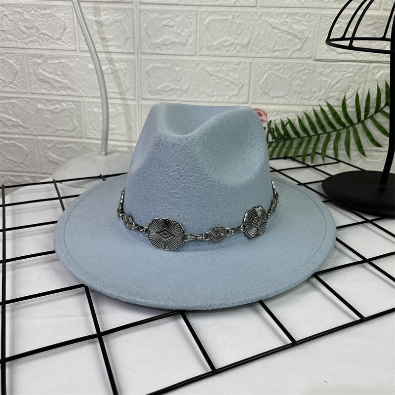 Hat Silver Square Chain Top Hat Wide Brim Flat Edge Woolen Fedora Hat - Urban Caps