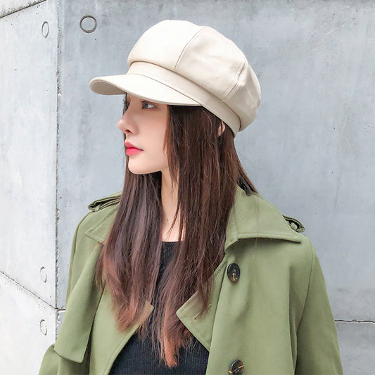 Korean Style Octagon Fashion Ladies Hat Leather Beret - Urban Caps