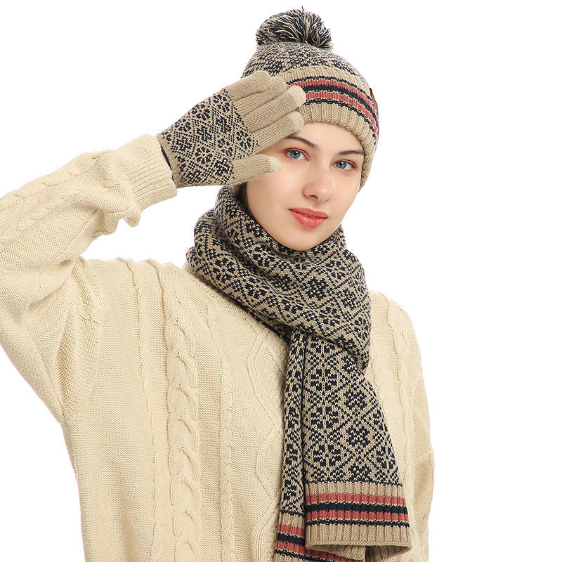 Three-piece Winter New Knitted Warm Woolen Hat Scarf And Gloves - Urban Caps