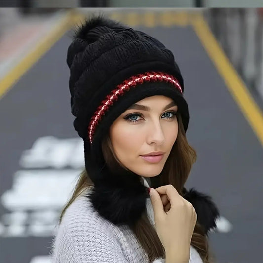 Cozy Fleece-Lined Knit Beanie with Ear Flaps & Pompom – Winter Hat for Women (Warm, Stylish, Multiple Colors)