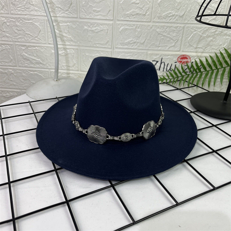 Hat Silver Square Chain Top Hat Wide Brim Flat Edge Woolen Fedora Hat - Urban Caps