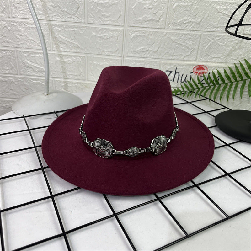 Hat Silver Square Chain Top Hat Wide Brim Flat Edge Woolen Fedora Hat - Urban Caps
