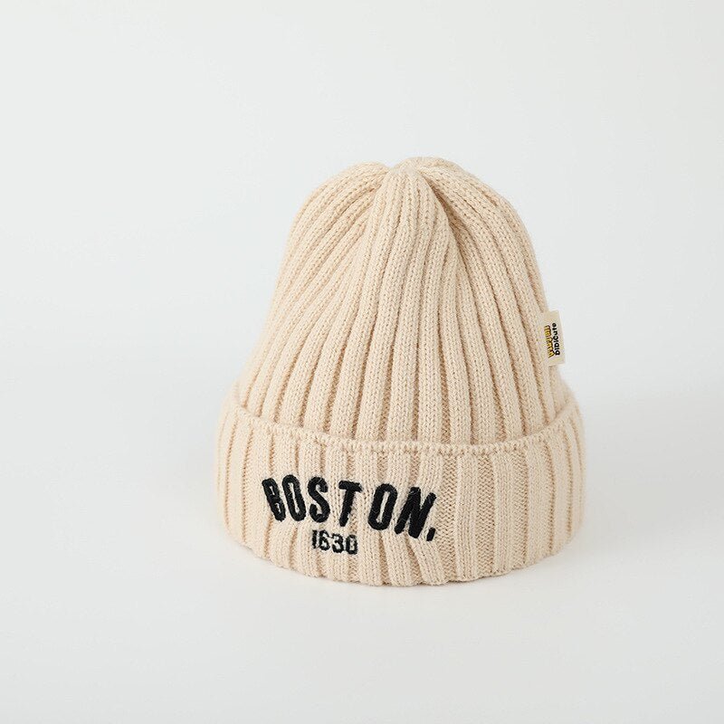 Kids’ BOSTON Letter Beanie – Soft Woolen Knit Winter Hat for Children - Urban Caps