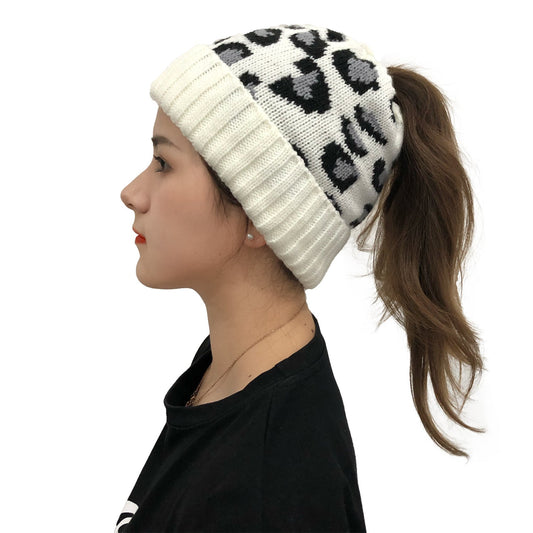 Leopard Ponytail Beanie – Jacquard Knit Hat with Hair Slot for Women - Urban Caps